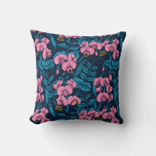 Sweet peas and bumblebees, pink and blue throw pillow