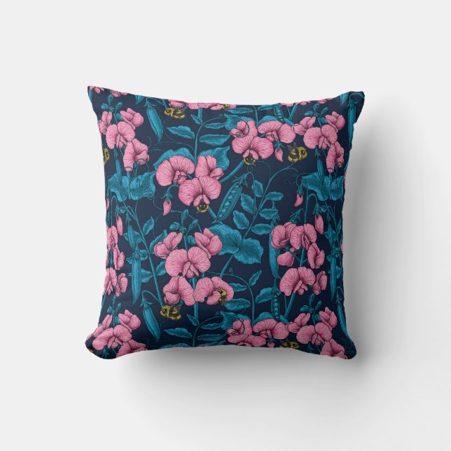 Sweet peas and bumblebees, pink and blue throw pillow (Front)