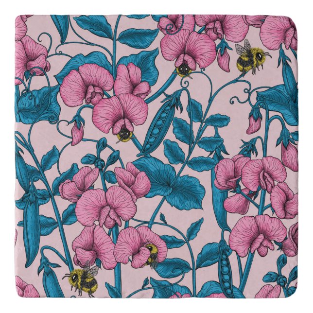Sweet peas and bumblebees, pink and blue trivet (Front)