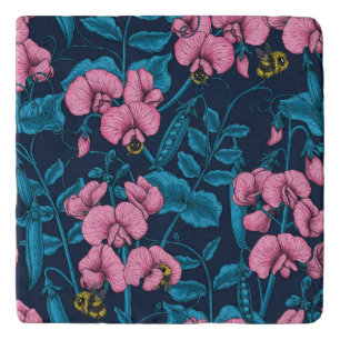 Sweet peas and bumblebees, pink and blue trivet