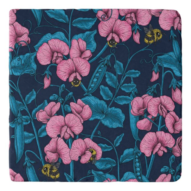 Sweet peas and bumblebees, pink and blue trivet (Front)