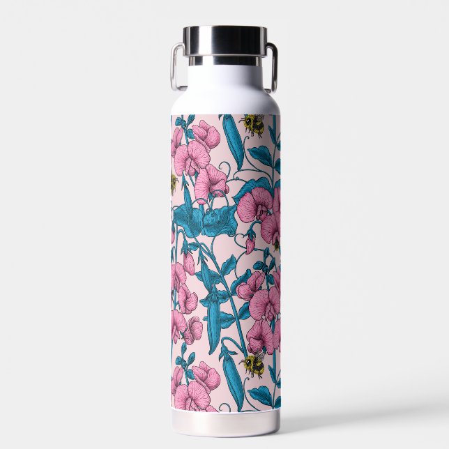 Sweet peas and bumblebees, pink and blue water bottle (Front)