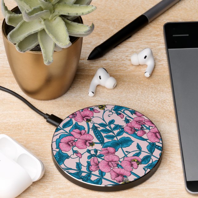 Sweet peas and bumblebees, pink and blue wireless charger  (Desk 2)