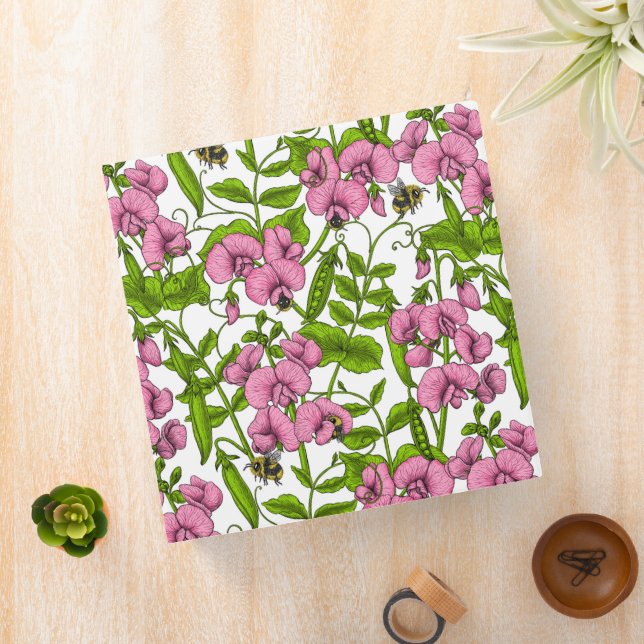 Sweet peas and bumblebees, pink, green and white 3 ring binder (In Situ)