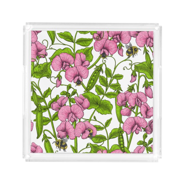 Sweet peas and bumblebees, pink, green and white acrylic tray (Front)