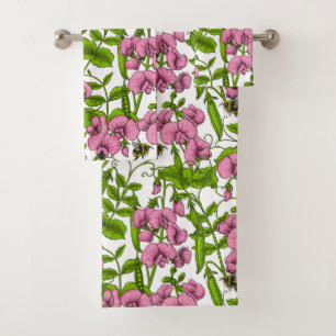 Sweet peas and bumblebees, pink, green and white bath towel set