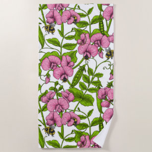 Sweet peas and bumblebees, pink, green and white beach towel