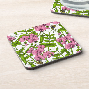 Sweet peas and bumblebees, pink, green and white beverage coaster