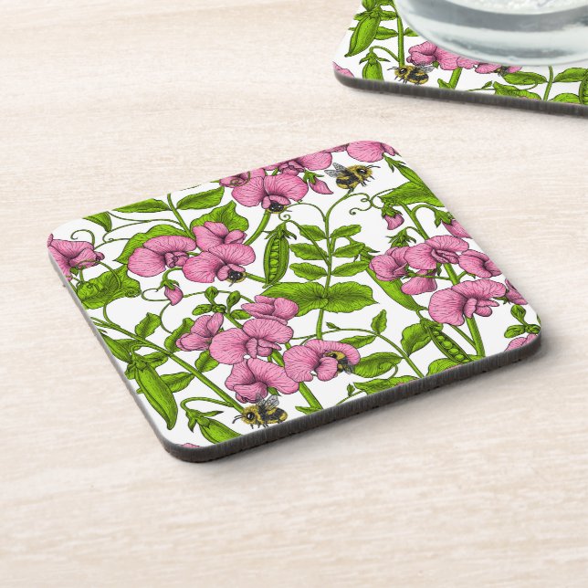 Sweet peas and bumblebees, pink, green and white beverage coaster (Left Side)