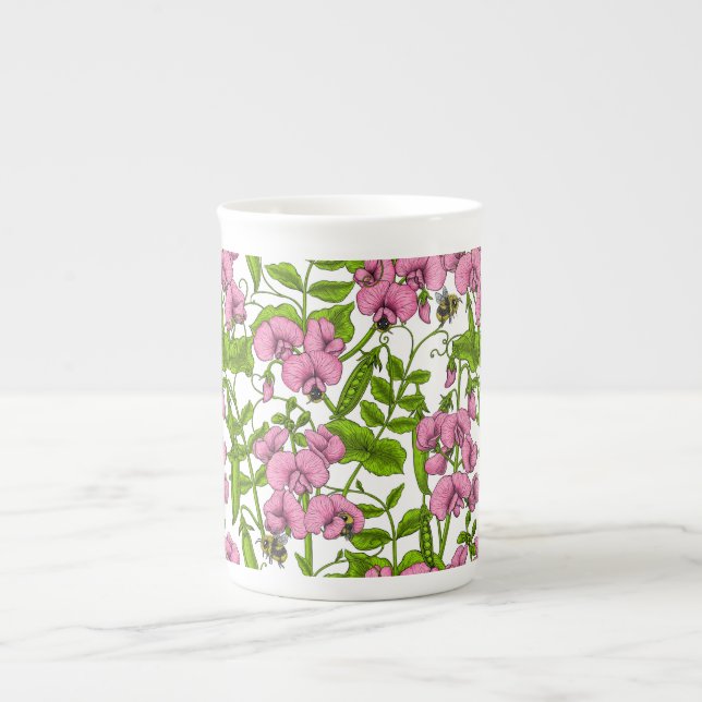 Sweet peas and bumblebees, pink, green and white bone china mug (Front)