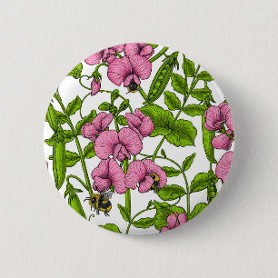 Sweet peas and bumblebees, pink, green and white button