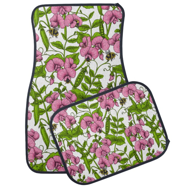 Sweet peas and bumblebees, pink, green and white car floor mat (Set)