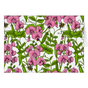 Sweet peas and bumblebees, pink, green and white cards