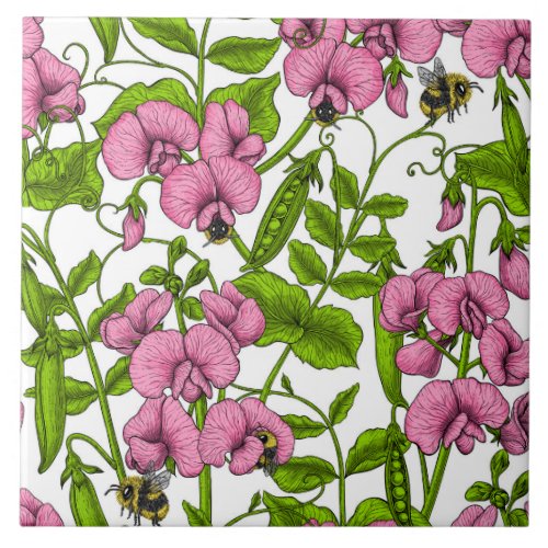 Sweet peas and bumblebees pink green and white ceramic tile