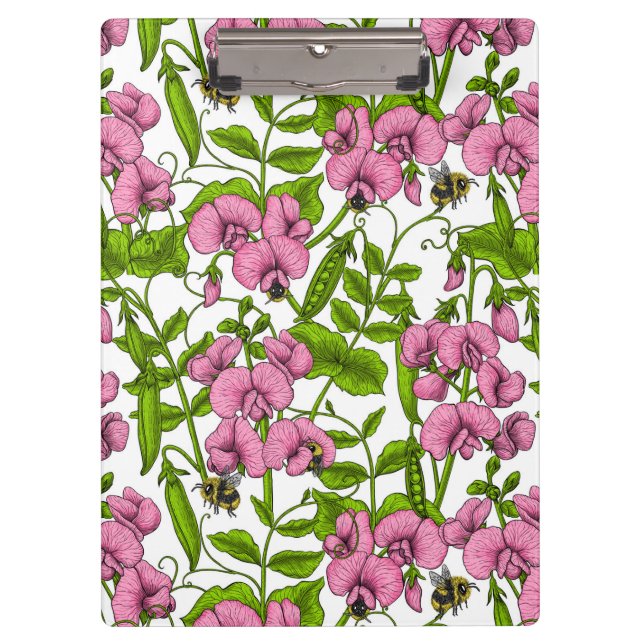 Sweet peas and bumblebees, pink, green and white clipboard (Front)