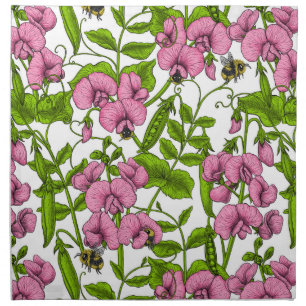 Sweet peas and bumblebees, pink, green and white cloth napkin