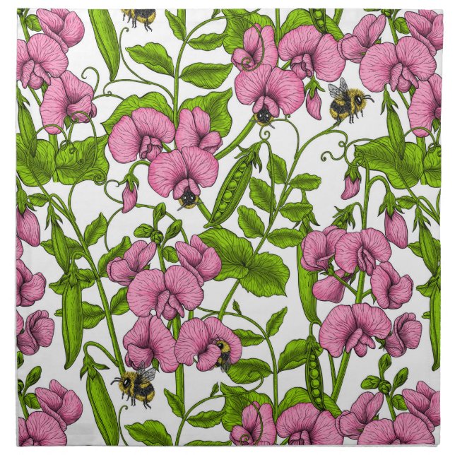 Sweet peas and bumblebees, pink, green and white cloth napkin (Front)