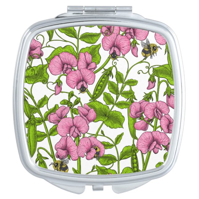 Sweet peas and bumblebees, pink, green and white compact mirror (Front)