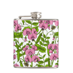 Sweet peas and bumblebees, pink, green and white flask