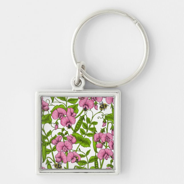Sweet peas and bumblebees, pink, green and white keychain (Front)
