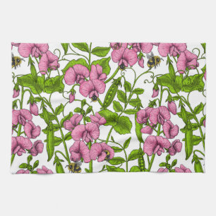 Sweet peas and bumblebees, pink, green and white kitchen towel