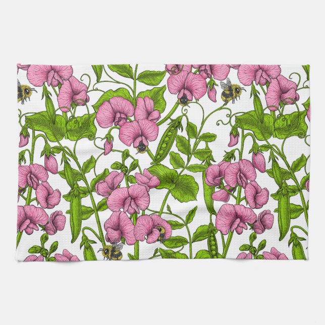 Sweet peas and bumblebees, pink, green and white kitchen towel (Horizontal)