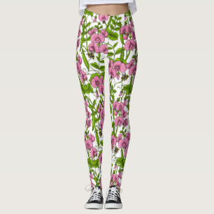 Sweet peas and bumblebees, pink, green and white leggings