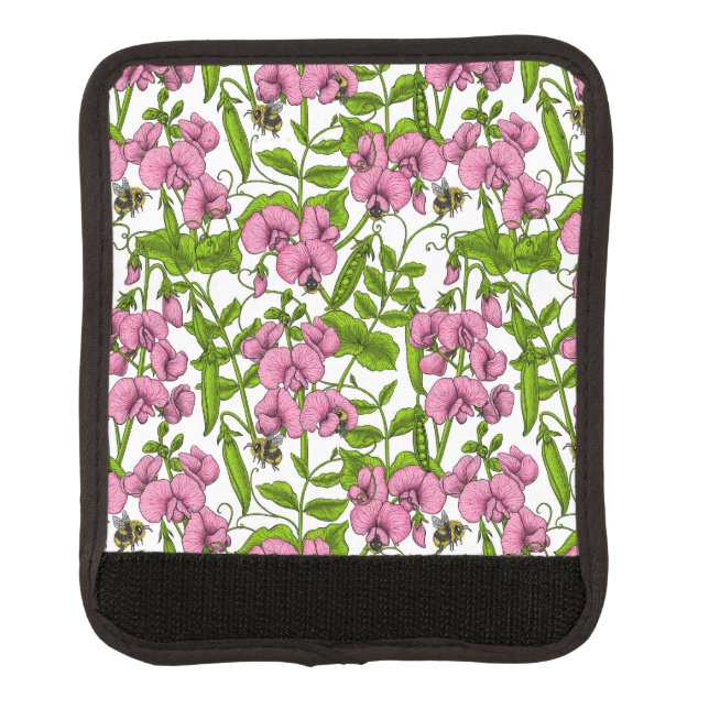 Sweet peas and bumblebees, pink, green and white luggage handle wrap (Front)