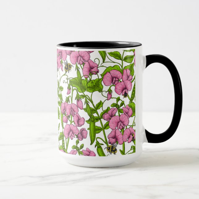 Sweet peas and bumblebees, pink, green and white mug (Right)