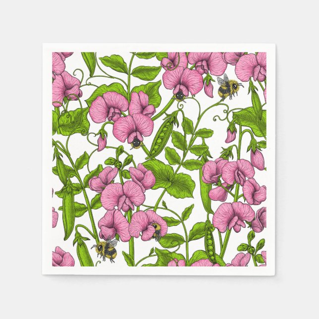 Sweet peas and bumblebees, pink, green and white napkins (Front)