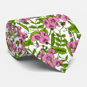 Sweet peas and bumblebees, pink, green and white neck tie