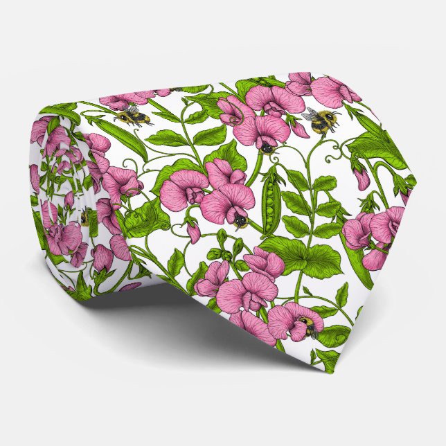 Sweet peas and bumblebees, pink, green and white neck tie (Rolled)