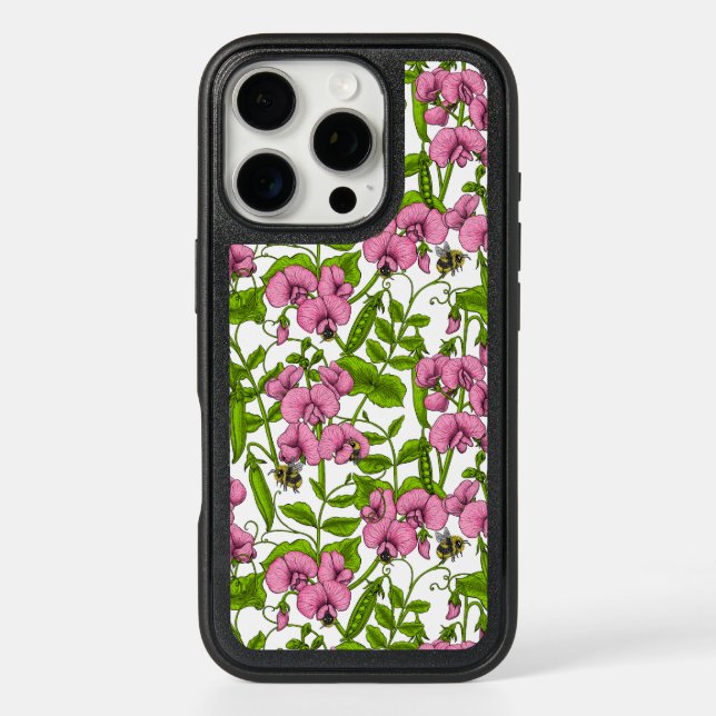 Sweet peas and bumblebees, pink, green and white otterbox iPhone case (Back)