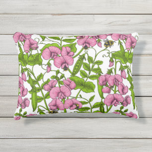 Sweet peas and bumblebees, pink, green and white outdoor pillow
