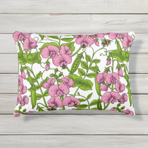 Sweet peas and bumblebees pink green and white outdoor pillow