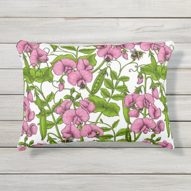 Sweet peas and bumblebees, pink, green and white outdoor pillow (Front)