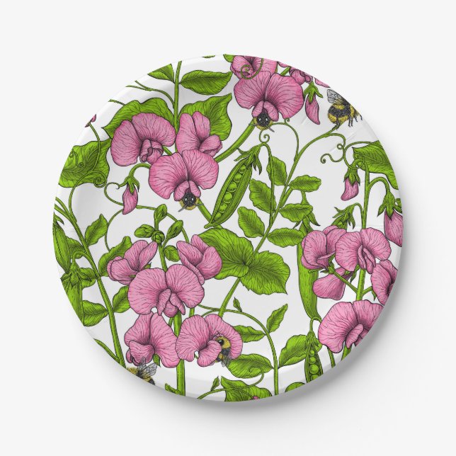Sweet peas and bumblebees, pink, green and white paper plates (Front)