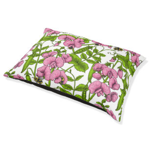 Sweet peas and bumblebees, pink, green and white pet bed