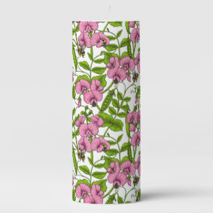 Sweet peas and bumblebees, pink, green and white pillar candle