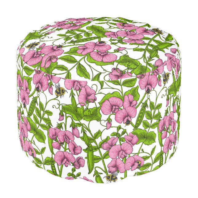 Sweet peas and bumblebees, pink, green and white pouf (Angled Front)