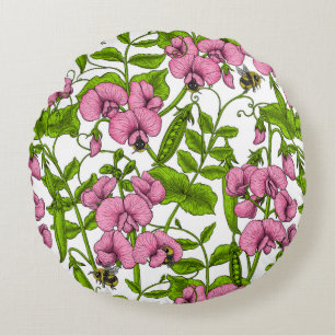 Sweet peas and bumblebees, pink, green and white round pillow