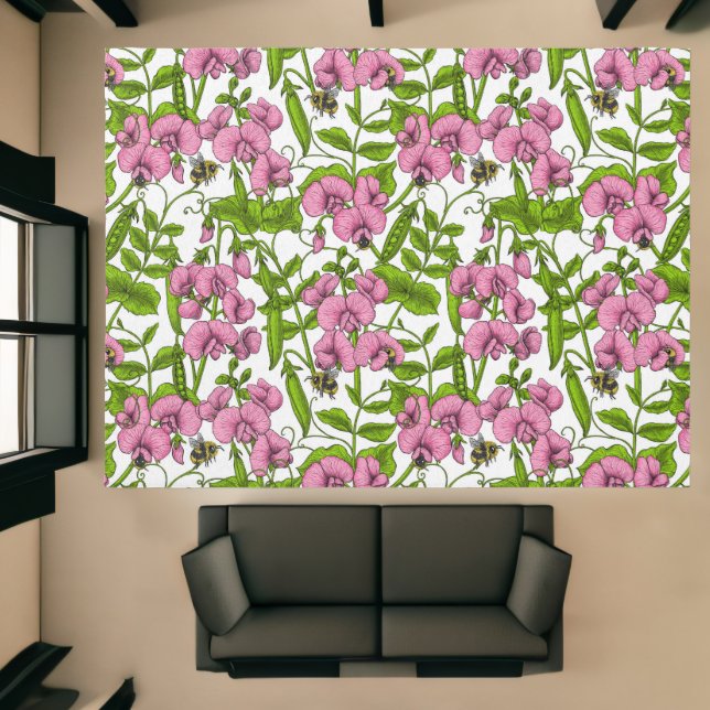 Sweet peas and bumblebees, pink, green and white rug (Insitu (Indoor 1))