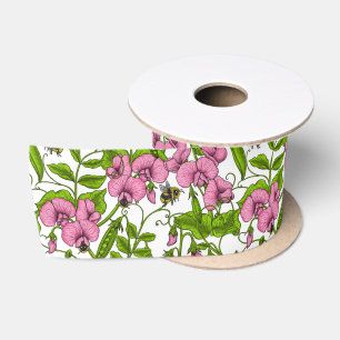 Sweet peas and bumblebees, pink, green and white satin ribbon