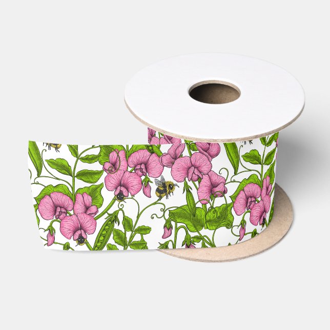 Sweet peas and bumblebees, pink, green and white satin ribbon (Spool)