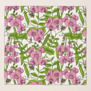 Sweet peas and bumblebees, pink, green and white scarf