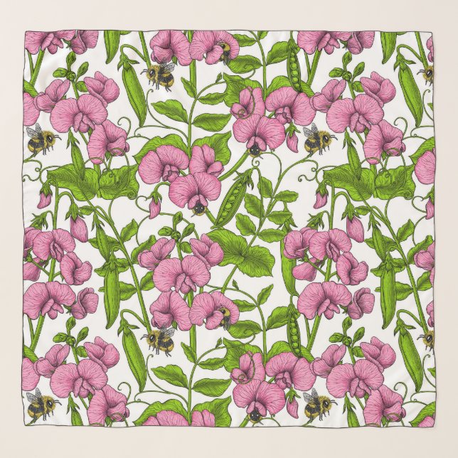Sweet peas and bumblebees, pink, green and white scarf (Front)