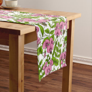 Sweet peas and bumblebees, pink, green and white short table runner