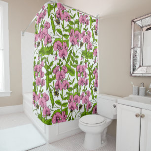 Sweet peas and bumblebees, pink, green and white shower curtain