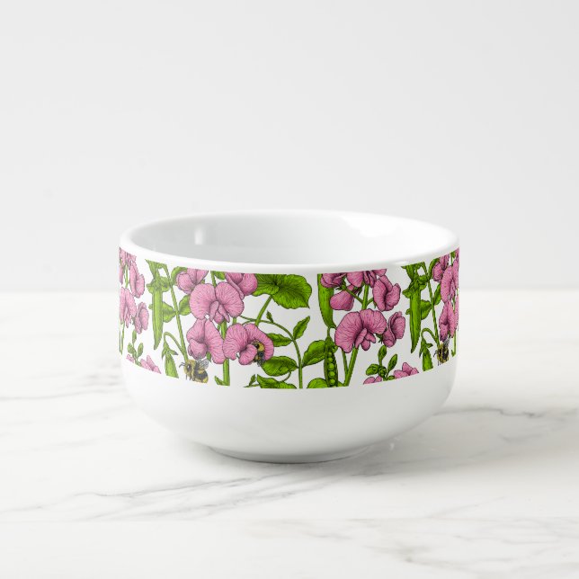 Sweet peas and bumblebees, pink, green and white soup mug (Front)