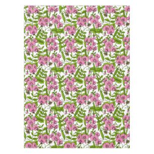 Sweet peas and bumblebees, pink, green and white tablecloth